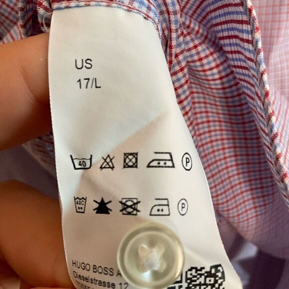 HUGO BOSS BLACK LABEL DRESS SHIRT SHARP FIT SPREAD COLLAR PLAID REDBLUE 17 34/35 - Picture 4 of 10